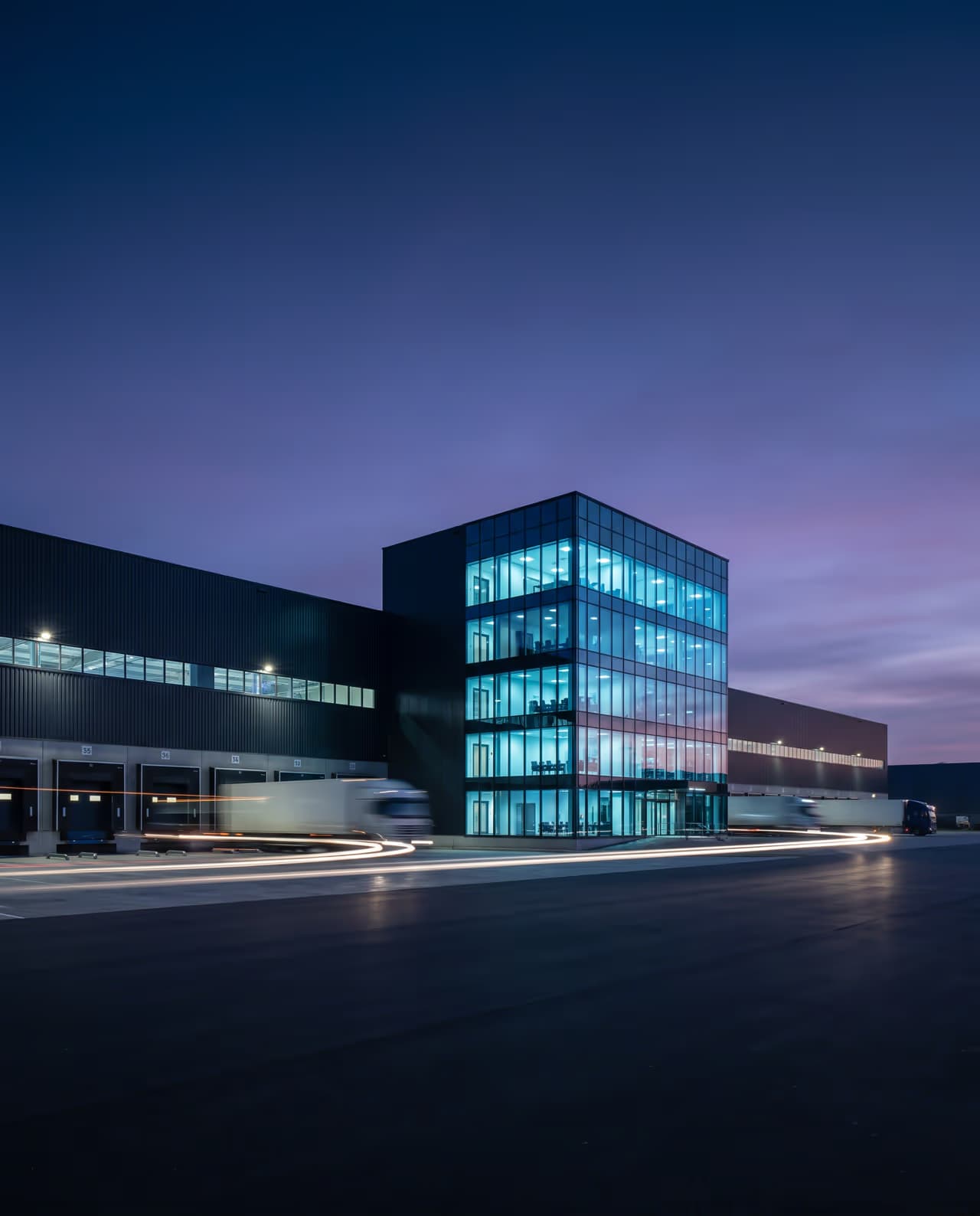 Complesso industriale moderno con uffici vetrati al crepuscolo