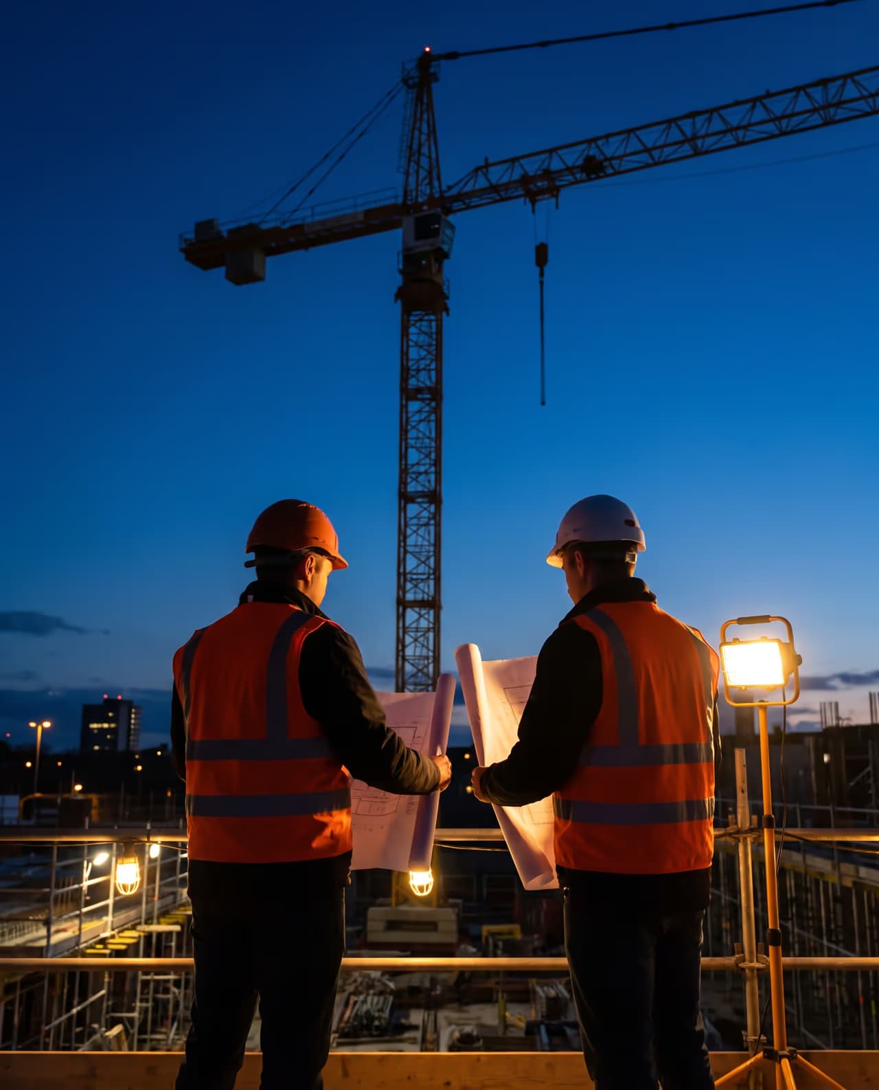 Due operai con casco e gilet alta visibilità esaminano i disegni in cantiere