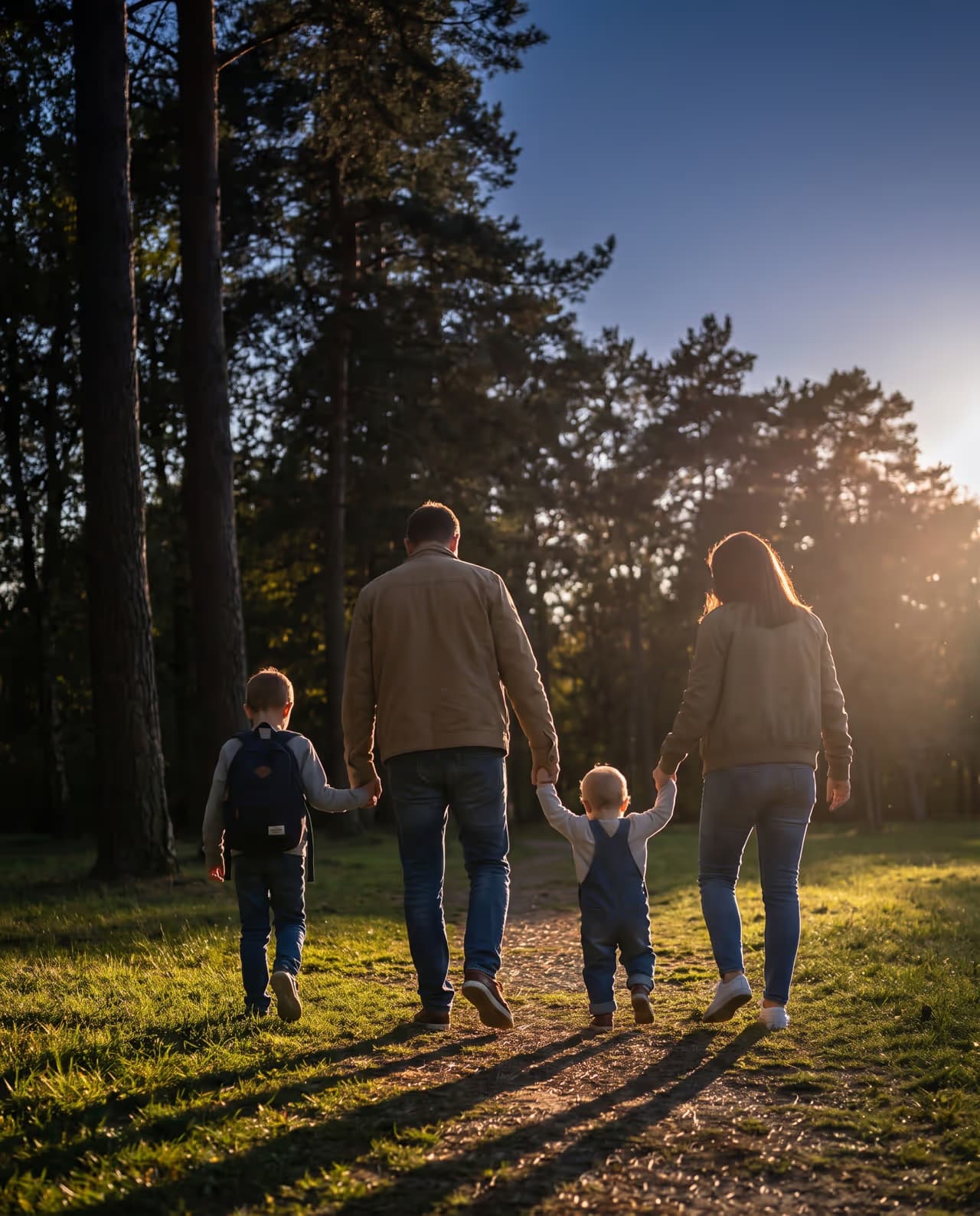 Famiglia felice con due bambini che passeggia nel parco al tramonto